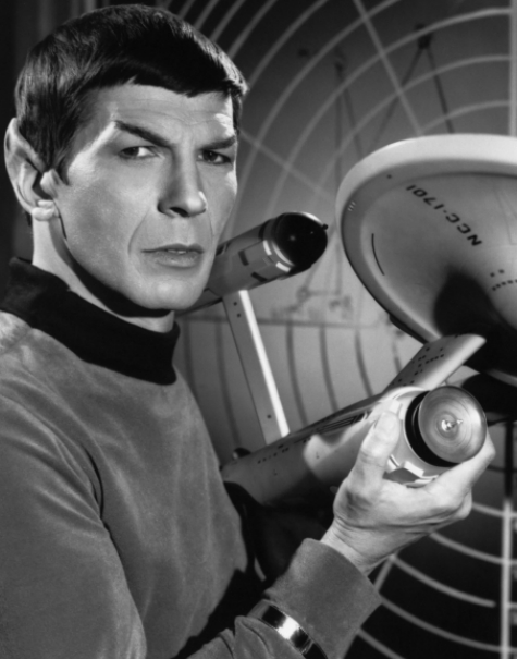 Portrait of Leonard Nimoy as Spock with a Starfleet ship in the background