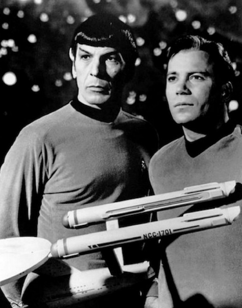 Portrait of Leonard Nimoy as Spock and William Shatner as James Kirk with a Starfleet ship
